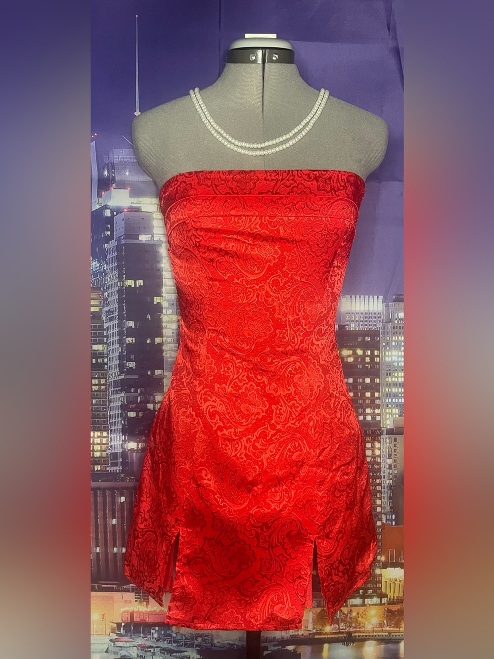 Lucy in the Sky Strapless Red Paisley Jacquard Mini Dress
